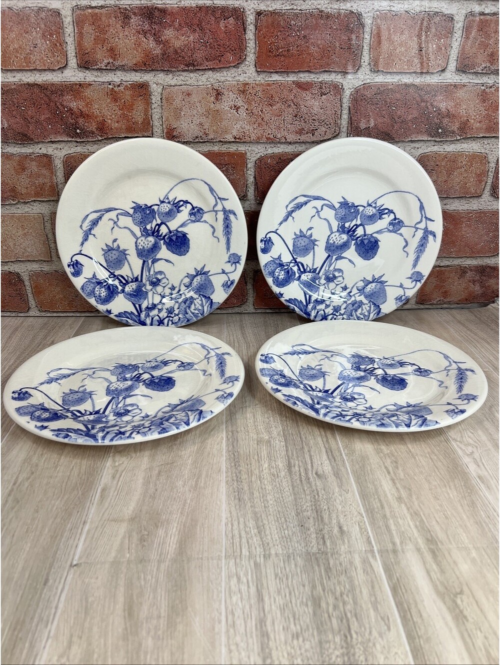 (4) Vintage Gien France Primrose Bordier Blue White STRAWBERRIES -Lunch Plate 9”